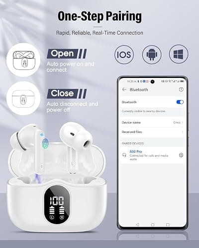 Wireless Earbuds, Bluetooth 5.4 Headphones Bass Stereo, Ear Buds with Noise Cancelling Mic, LED Display in Ear Earphones Clear Calls, IP7 Waterproof Bluetooth Earbuds for Laptop/Phones/Sports, White thumbnail 6