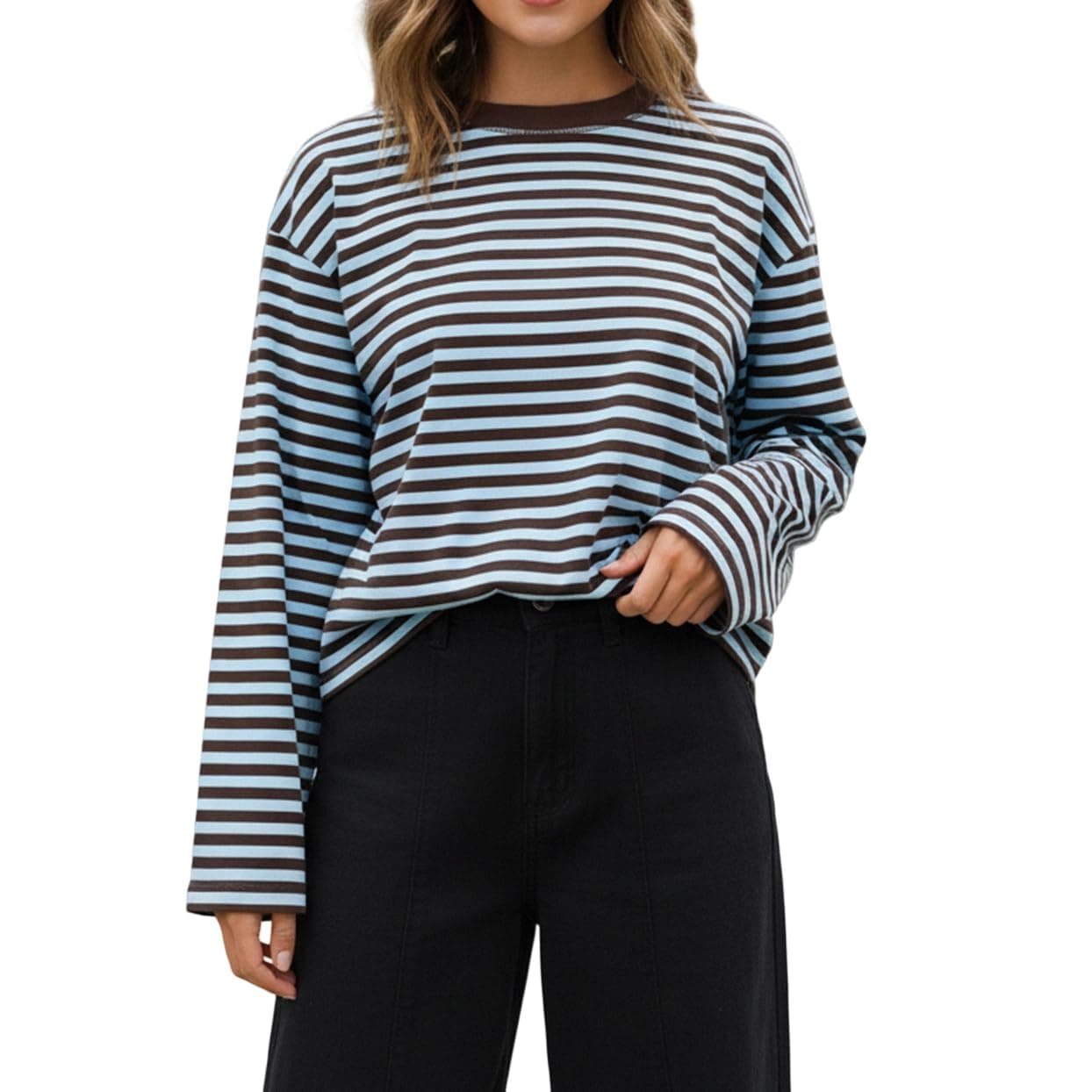 Women Oversized Striped Long Sleeve Shirt Y2k Crewneck Drop Shoulder Cropped Tees Teen Girls Baggy Sweatshirt thumbnail 2