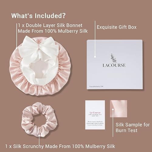 LaCourse Non-Slip 100% Mulberry Silk Bonnet for Sleeping Women Long Hair, Double-layered Silk Hair Wrap for Curly Hair, with Tie Bands to Secure the Cap (Pink+Ivory) thumbnail 3