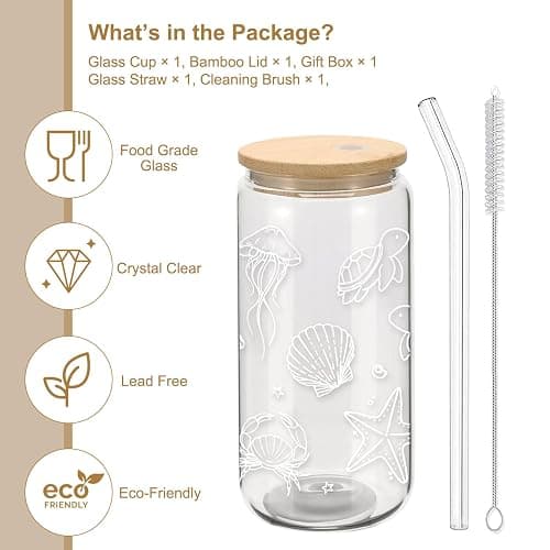 Mikopei Beach Gifts for Women - Ocean Animals Glass Cup with Lid and Straw, Cleaning Brush, Beach Room Decor, Coastal Decor for Home, Beachy Decorations, Iced Coffee Cup Tumbler, 16 oz thumbnail 4