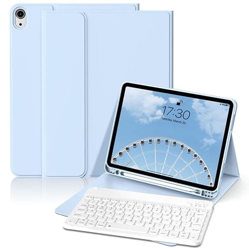 KenKe for iPad(A16) 10th/11th Generation Case with Keyboard (10.9/11 inch) 2022/2025, Soft TPU Back Stand Cover with Pencil Holder, Magnetically Detachable Wireless Bluetooth Keyboard, Sky Blue - Image 1