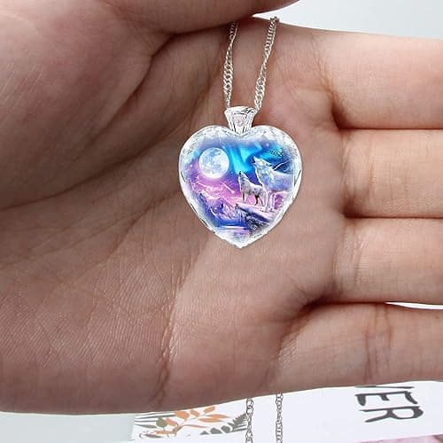 Lifenanny Howling Wolf Plexiglass Necklace, Charm Unique Heart Pendant Necklace with Silver Long Chain, Personalized Jewelry Gifts for Men Women, Metal, No Gemstone thumbnail 6