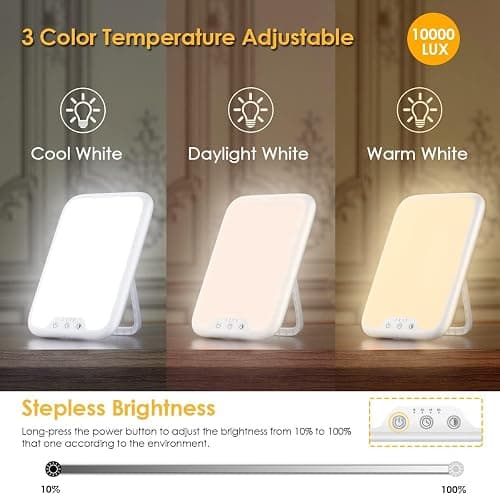 VTHW Tageslichtlampe, 10000 Lux Lichttherapielampe mit Memory Funktion, 4 Timer, 3 Lichtfarben Sonnenlicht Lampe mit Knopf-Steuerung, Stufenlosem Dimmen, 90° Halterung, für Hause/Büro thumbnail 2