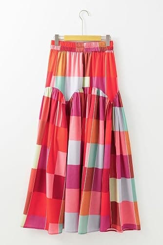 Women's Multicolour Plaid Print Ruched High Waist Casual Maxi Skirt thumbnail 7
