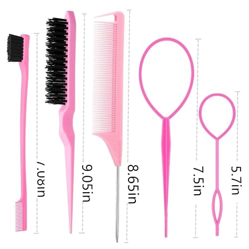ZVOREI 8Pcs Hair Brushes Set with 4Pcs Topsy Hair Tail Tools 1Pcs Bristle Teasing Hair Brush 1Pcs Edge Control Brush 2Pcs Metal Pin Rat Tail Combs for Woman Girl hair Styling,Edge&Back Brushing,Pink thumbnail 6