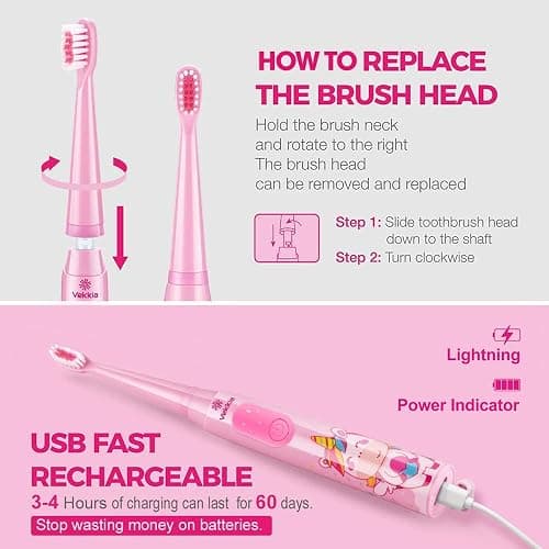 Vekkia Sonic Rechargeable Kids Electric Toothbrush(Pink) | 3 Modes with Memory/Fun & Easy Cleaning/24000 Strokes, IPX7 Waterproof, 2-Min Timer for Age 5+/4 Soft Bristles thumbnail 2