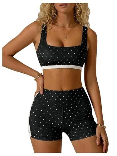 Milumia Women's Padded Polka Dots Workout Set 2 Piece Color Block Bra Tank High Waisted Biker Shorts Matching Yoga Outfit - Image 1