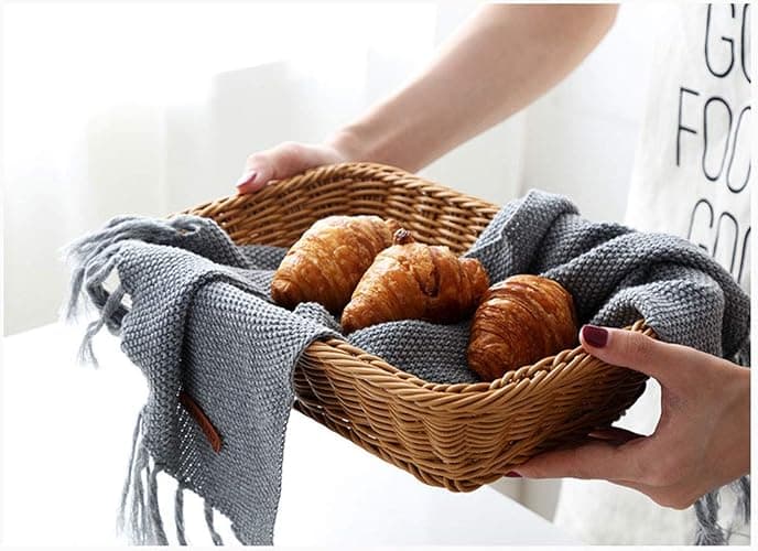 12" Poly Wicker Bread Basket, Hand Woven Food Storage Room Organizer, Fruits, Vegetables and Snacks Tabletop Food Serving Basket, Restaurant, Hotel Service, Brown thumbnail 2