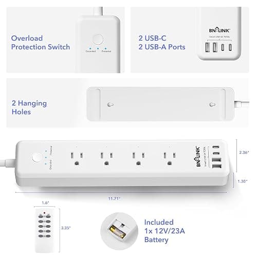 BN-LINK Remote Control Power Strip with 4 Independent Outlets, 4 USBs | 20W USB-C, 3.9Ft Extension Cord, 15A/1875W Overload, Protection for Home Office thumbnail 7