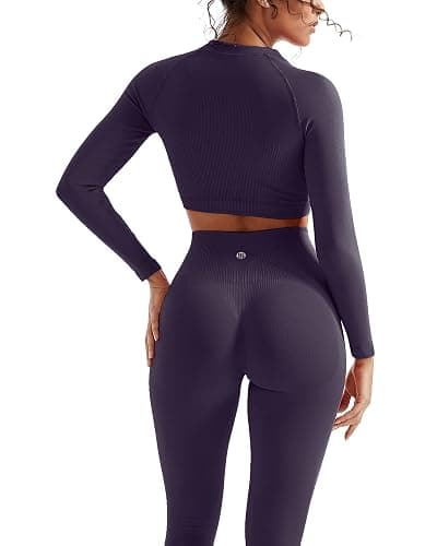 SUUKSESS Women 2 Piece Workout Sets Hidden Scrunch Hip Lifting Seamless Leggings Long Sleeve Yoga Crop Tops - Image 1
