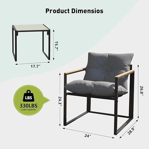 3 Piece Patio Bistro Set, Small Outdoor Furniture with Heat-Resistant Wood Armrests & Breathable Textilene Chairs, Glass Side Table & Thick Cushions for Apartment Balcony, Porch, and Garden (Gray) thumbnail 3