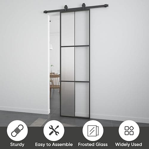 Barnsmith 24in x 84in Aluminum Glass Barn Door with 4.3FT Hardware, Frosted Tempered Glass, 6 Lattice, Lightweight Sliding Door, Easy Assembly - 24"x84" thumbnail 7