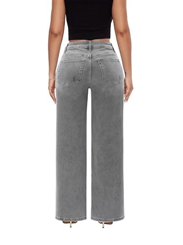 ONESO Mid-Low Rise Baggy Jeans Wide Leg for Women Distressed Pants Stretchy Bottom Lady Basic Comfortable Denim thumbnail 3