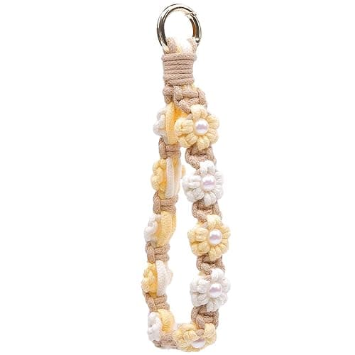 elephtree Boho Macrame Keychain Wristlet Keychain Weave Exquisite Keyring Holder Bracelet Handmade Wrist Lanyard for Women - Beige Flower With Pearl - Image 1
