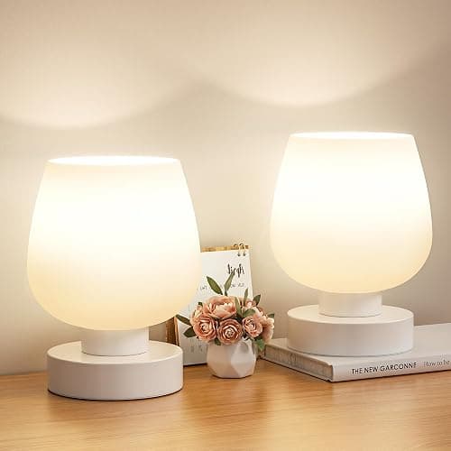 Touch Bedside Table Lamp Set of 2 - Small Bedside Lamp for Bedroom Living Room Night Stands, Desk Lamp with White Glass Shade for Small Spaces, 3 Way Dimmable, LED Bulbs, Gifts - Image 1