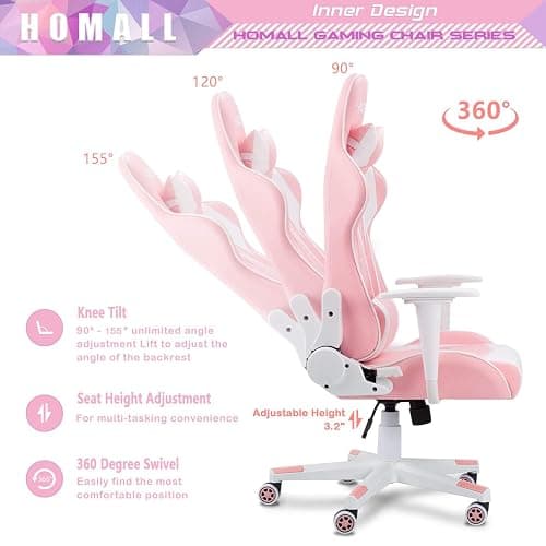 Homall Gaming Chair, Office Chair High Back Computer Chair Leather Desk Chair Racing Executive Ergonomic Adjustable Swivel Task Chair with Headrest and Lumbar Support(Pink) thumbnail 7