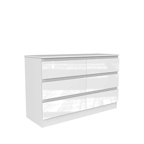 Nera High Gloss 6 Drawer Chest of Drawers Wood, Dresser Drawers for Bedroom Furniture Storage Unit Drawers for Clothes (White Gloss (Matt White)) - Image 1