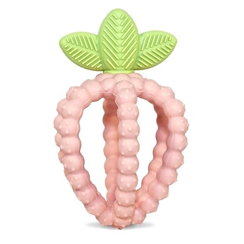 RaZbaby Bites Silicone Baby Teething Toy – Sensory Toy with Textured BerryBumps for Teething Relief, Easy-to-Hold Fruit Shape, BPA-Free, Soothes Front & Back Teeth – Gift for Babies, 3 Months+, Pink - Image 1