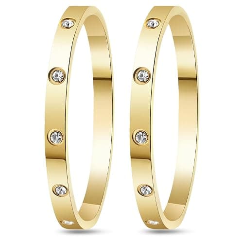 Kenizum 2Pcs 18K Gold-Plated Love Bangle Bracelets set for Women, Stainless Steel Cubic Zirconia Bangle Crystal Friendship Jewelry, Easter Wedding Birthday Gifts for Girlfriend, Wife, Monther - Image 1
