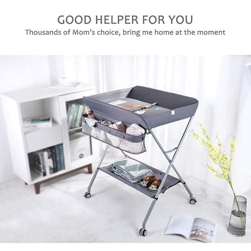 EGREE Baby Changing Table Portable Folding Diaper Changing Station with Wheels, Adjustable Height Mobile Nursery Organizer with Safety Belt and Large Storage Racks for Newborn Baby and Infant, Gray thumbnail 3