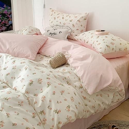 Erwinmu Floral Duvet Cover Set Twin Size,White Pink Floral Flowers Bedding Duvet Cover with Zipper Closure,Soft Microfiber Comforter Cover and 1 Pillowcase thumbnail 3