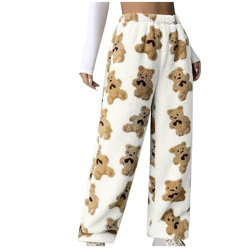 Women's Bear Plush Pajama Pants Fluffy Fuzzy Fleece Teddy Pj Bottoms Wide Leg Warm Fall Winter Lounge Sleepwear - Image 1
