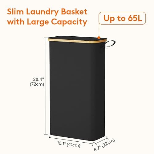 Lifewit 65L Slim Laundry Hamper with Lid, Narrow Laundry Basket with Removable Bag & Bamboo Handles, Fodable Thin Dirty Clothes Hamper for Laundry Collapsible Bin for Bathroom Bedroom Dorm, Black thumbnail 3