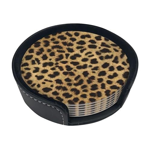 Leopard Animal Print Printed Coasters Set of 6, Pu Leather Round Coasters with Holder, Drinking Coasters Coffee Cup Mat for Bar Kitchen Home - Image 1