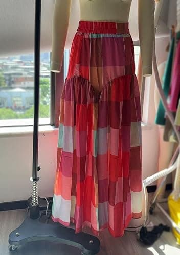 Women's Multicolour Plaid Print Ruched High Waist Casual Maxi Skirt thumbnail 3