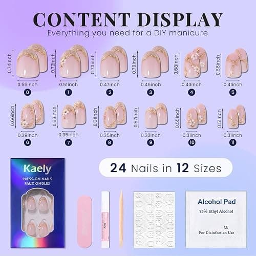 XZMeiLun French Gold Pearl White Flower Press on Nails, Short Round Acrylic Fake Nails Design, Natural Reusable Nails Kit for Women DIY False Nail Art Decoration Gift, Salon Quality Reusable 24 Pcs thumbnail 5