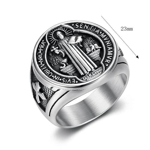 Carved St Benedict Signet Ring for Men,14K Gold Plated Stainless Steel Pinky Ring Christian Catholic Ring Jesus San Benito Protection Ring Religious Chi Rho Crucifix Jewelry… thumbnail 5