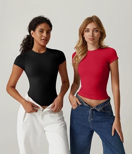 QINSEN Women's Crew Neck Short Sleeve Double-Layer Tops Basic Slim Fit Going Out T Shirt thumbnail 6