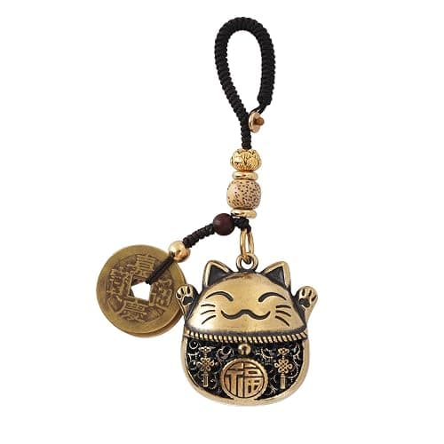 Mansiyuyee Brass Maneki Neko Lucky Cat Keychain with Feng Shui Coins, Maneki Neko Statue Good Luck Charms Lucky Tassel - Image 1