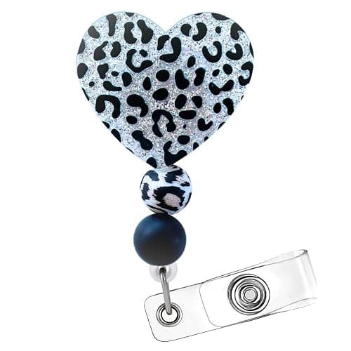 Cheetah Leopard Heart Badge Reel Holder ID Name Retractable Clip Lanyard with Cute Beaded Print Zebra Zoo Keeper Glitter Bling for Nurse Nurses CNA CMA Nursing Healthcare Silver Supplies - Image 1