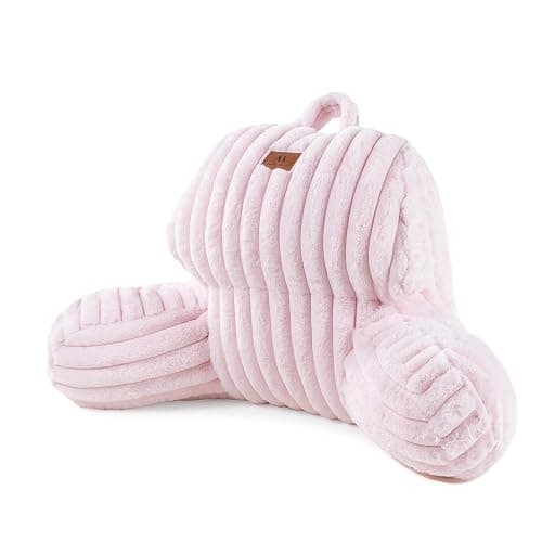 Home Faux Fur Reading Pillow with Pocket for Sitting in Bed, Kids Backrest Bed Pillow with Washable Cover for Lounging, Study & Relaxing, Light Pink 17 inches - Image 1
