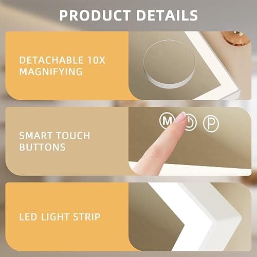 FENCHILIN Vanity Mirror with Lights 11.8" x 9.8",Lighted Makeup Mirror and Hollywood Mirror with Smart Touch Control 3 Colors Dimmable LED Light, 360°Rotation 10X Magnification(White) thumbnail 7