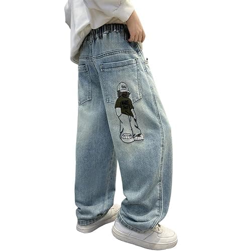 Nivne Tco Boys Baggy Jeans, Y2K Pants with Cartoon Embroidery - Fashion Loose Fit Casual Pants with Pockets for Kids. thumbnail 4
