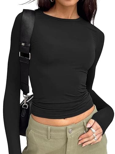 Trendy Queen Womens Long Sleeve T Shirts Fall Fashion 2025 Basic Crop Tops Going Out Outfits Y2k Clothes