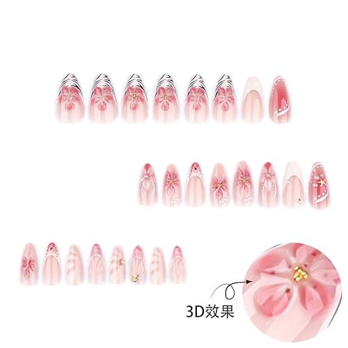 Octoswave Medium Press on Nails Almond Fake Nails French 3D Flowers Artificial Nail Pearl Stick on Nail for Women 24pcs thumbnail 4