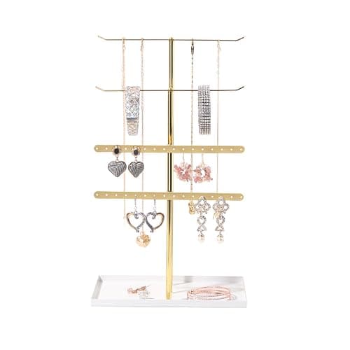 Necklace Bracelet Earring Holder Stand, Multi-Use Jewelry Display Organizer with Tray, T-Bar Metal Jewellery Organizer Stand, Jewelry Hanger Tower Rack for Women (Gold) thumbnail 4