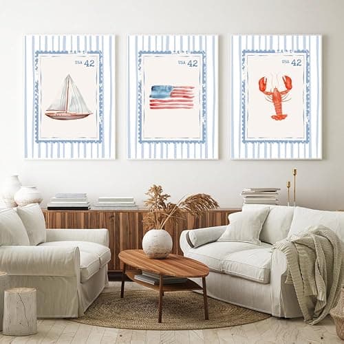 Blue Beach Stamp Set of 3 Canvas Poster Coastal Granddaughter Room Wall Art Decor Fisherman Preppy Aesthetic Prints Artwork for Girly Dorm Apartment Ocean Home Decoration 12x18inch Framed thumbnail 7