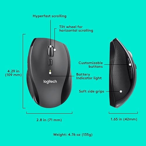 Logitech M705 Marathon Wireless Mouse, Gaming Mouse Wireless, 2.4 GHz USB-A Receiver, 5-Programmable Buttons, 3-Year Battery, PC, Mac, Laptop, Chromebook - Black thumbnail 6