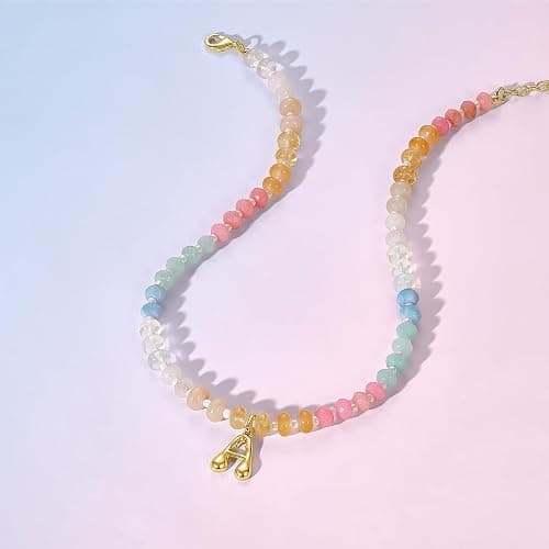 KissYan Initial Necklaces for Women, Colorful Beaded Gemstone Choker 14K Gold Bubble Letter Pendant Necklace Natural Stone Summer Beach Handmade Jewelry Gift thumbnail 5