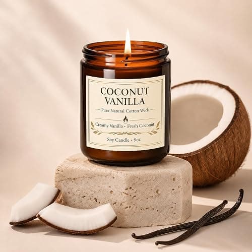 Coconut Vanilla Candle, 9 oz Soy Coconut Wax Scented Candle for Home, Vanilla Coconut Aromatherapy Candle, Clean Burning Jar Candle for Bedroom Bathroom Spa, Candle Gifts for Women Men thumbnail 2