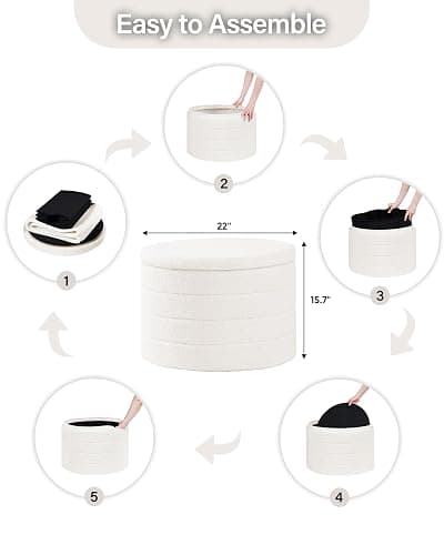 B FSOBEIIALEO Ottoman with Stroage, Round Sherpa Storage Ottoman Stool, Boucle Foot Rest22 x 22"x15.75" (White) thumbnail 3