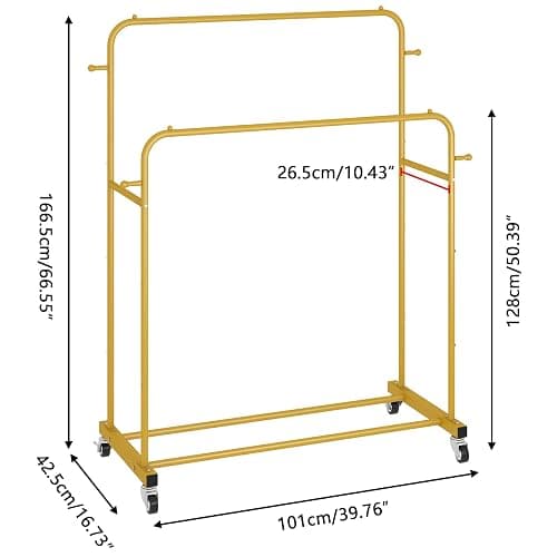 Laiensia Double Rods Garment Rack with Wheels, Clothing Rack for Hanging Clothes,4 Hooks, Multi-functional Bedroom Clothes Rack, Gold thumbnail 3
