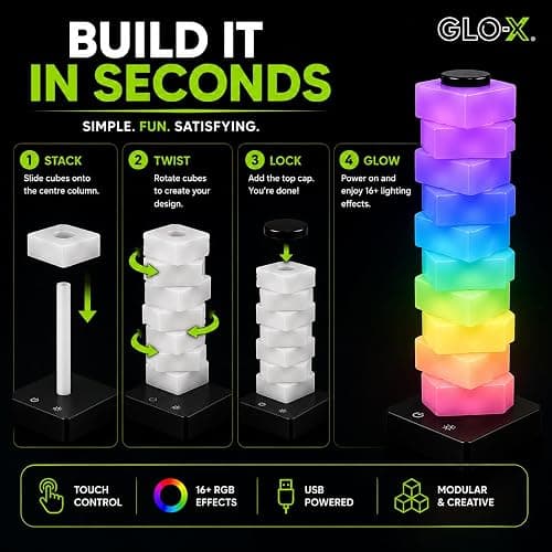 GLO-X Modular RGB Desk Lamp, Stackable LED Touch Light for Gaming & Bedroom | 16+ Color Changing Effects; USB Powered; Create Shape; Night Light; Mood Lighting; Kids Room; Desk Decor; Great Gift Idea thumbnail 3
