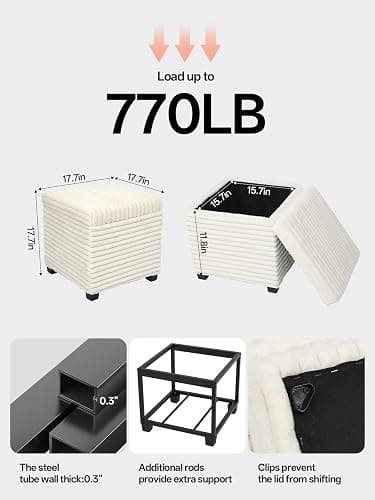 ABHENG 17.7 inches Faux Fur Ottomans Cube with Legs, Metal Framed Vanity Stool Chair Storage Ottoman Foot Rest Stool, Holds 770 LB for Dorm Living Room Bedroom White UASND644W thumbnail 3