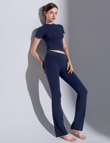 PUMIEY Women's 2 Piece Lounge Sets Short Sleeve Tops Fold-Over Flare Pants Casual Outfits Matching Set Nap Collection thumbnail 6