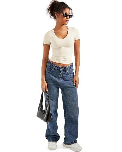 SUUKSESS Women Double Lined Fitted Basic Tee Sexy V Neck Short Sleeve Y2K Crop Top thumbnail 6